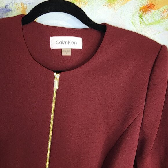 Calvin Klein Burgundy Bell Sleeve Blazer Jacket Gold Zipper Women's 8 - Picture 6 of 10